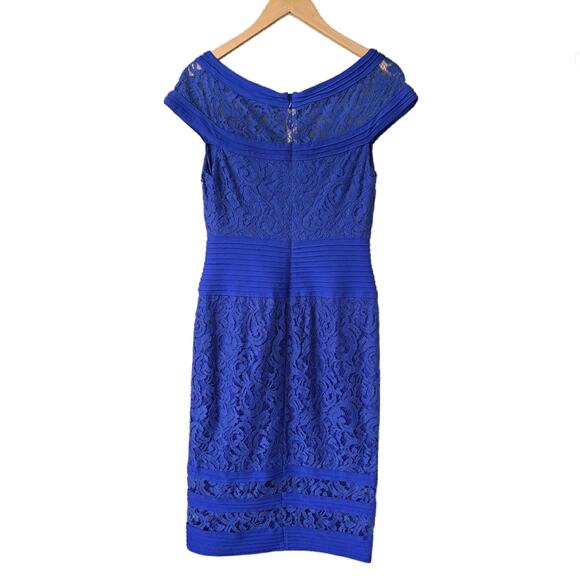 TADASHI SHOJI Blue Lace & Pintuck Bateau Neckline Sheath Dress Sz 10 Cocktail - Picture 10 of 11